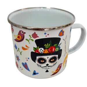 Day of the Dead Enamel Coffee Cup Halloween Skull Floral Mug 17 oz. Gift NEW
